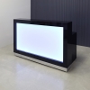 Vegas Custom Reception Desk in black gloss laminate counter and desk, with multi-colored LED shown here.