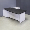72-inch Avenue Curved Executive Desk w/ Credenza in black stone PVC laminate top and white gloss laminate base, credenza and privacy panel shown here.