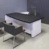 72-inch Avenue Curved Executive Desk w/ Credenza in black stone PVC laminate top and white gloss laminate base, credenza and privacy panel shown here.