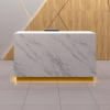 72-inch Houston Retail Custom Reception Desk in calcutta stone PVC laminate main desk and brushed gold toe-kick, with color LED, shown here.