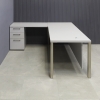 72-inch Dallas L-Shape Execuitve Desk W/ Cabinet in folkstone gray matte laminate top, cabinet & privacy panel with brushed aluminum legs shown here.