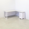 Aspen L-Shape Executive Desk With Laminate Top, right side return when sitting and mobile storage, in folkstone gray matte laminate top, white matte laminate privacy panel, and white metal legs shown here.
