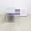 Aspen Executive Desk With Credenza and Tempered Glass Top in baby blue top and white gloss laminate credenza with two pull-out drawers, one file cabinet and one shelf, privacy panel, and white metal leg shown here.