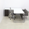 Aspen L-Shape Executive Desk With Tempered Glass Top in white top, black matte laminate and silver metal legs shown here.