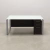 Aspen Straight Executive Desk With Tempered Glass Top in white top, black traceless laminate privacy panel and silver metal legs, sitting view shown here.