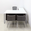 Aspen L-Shape Executive Desk With Tempered Glass Top in white top, black matte laminate and silver metal legs shown here.
