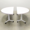 Two 72-inch Westin Half Moon Training Table in white matte laminate top and white metal frame shown here.