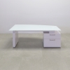 72 inches Avenue Curved Executive Desk In Tempered White Glass Top and white gloss laminate base and storage, with one pencil drawer and one file cabinet shown here.