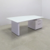 72 inches Avenue Curved Executive Desk In Tempered White Glass Top and white gloss laminate base and storage, with one pencil drawer and one file cabinet shown here.