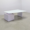 72 inches Avenue Curved Executive Desk In Tempered White Glass Top and white gloss laminate base and storage shown here.