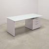 72 inches Avenue Straight Executive Desk In Tempered White Glass Top and white gloss laminate base and storage with two pencil drawers and one file cabinet shown here.