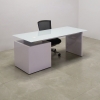 72 inches Avenue Straight Executive Desk In Tempered White Glass Top and white gloss laminate base and storage, with one black chair shown here.
