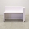 Nola L-Shape Custom Reception Desk in white gloss laminate main desk and white oak veneer toe-kick shown here.