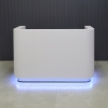 72-inch Nola Custom Reception Desk in white gloss laminate main desk and brushed aluminum toe-kick, with color LED, shown here.