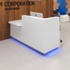 72-inch Dallas ADA Compliant Counter Custom Reception Desk in white gloss laminate desk counter & workspace finish, and brushed aluminum laminate toe-kick, with color LED, shown here.