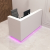 72-inch Dallas L-Shape Custom Reception Desk, left side l-panel when facing front in white matte laminate main desk and brushed aluminum toe-kick, with multi-colored LED, shown here.