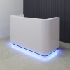 72 inches Nola Reception Desk in White Gloss Laminate Desk and brushed aluminum toe-kick, with multi-colored LED shown here.