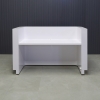 72-inch Nola Reception Desk in White Gloss Laminate Desk and brushed aluminum toe-kick, with multi-colored LED shown here.