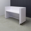 72 inches Nola Reception Desk in White Gloss Laminate Desk and brushed aluminum toe-kick, with multi-colored LED, seating side view shown here.