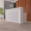 72 inches New York Straight Reception Desk in white gloss laminate counter, front panel & desk, with multi-colored LED shown here.