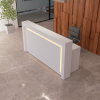 New York Straight Shape Custom Reception Desk in white gloss laminate counter, front panel and workspace, with multi-colored LED shown here.