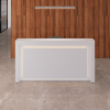 New York Straight Shape Custom Reception Desk in white gloss laminate counter, front panel and workspace, with multi-colored LED shown here.