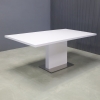 72-inch Newton Rectangular Conference Table in white gloss laminate top and custom pedestal base in white gloss laminate & brushed stainless steel, shown here.