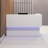 72-inch San Francisco L-Shape Custom Reception Desk, right side l-panel when facing front, in white matte laminate counter and desk, with multi-colored LED, shown here.