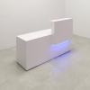 Los Angeles ADA Compliant Custom Reception Desk in white gloss laminate counter and desk shown, with multi-colored LED shown here.
