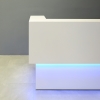 72-inch San Francisco L-Shape Custom Reception Desk, left side l-panel when facing front, in white matte laminate counter and desk, with multi-colored LED, shown here.