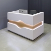 72 inches Wave Reception Desk in white matte laminate desk and counter, white oak wave accent front and brushed aluminum toe-kick, with warm white LED shown here.