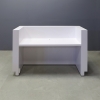 Wave Reception Desk in white matte laminate desk and counter, white oak wave accent front and brushed aluminum toe-kick, with warm white LED shown here.
