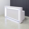 72 inches New York Straight Reception Desk in white gloss laminate counter, front panel & desk, with multi-colored LED shown here.