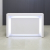 New York Straight Shape Custom Reception Desk in white matte laminate counter, front panel and workspace, with white LED shown here.