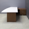 72-inch Avenue Curved Executive Desk W/ Credenza on right side when sitting, in white matte laminate top and privacy panel, with walnut heights matte laminate on the base, leg and credenza shown here.