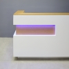 72-inch Manhattan U-Shape Reception Desk in maple veneer top and accent panel, white matte laminate main desk and brushed aluminum laminate toe-kick, with color LED shown here.