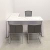 Denver L-Shape Executive Desk With Cabinet and Engineered Stone Top, right side return & cabinet when sitting, in calcutta blanc top and white matte laminate base & cabinet, and privacy panel shown here.