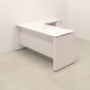 Denver L-Shape Executive Desk With Cabinet and Engineered Stone Top, right side return & cabinet when sitting, in calcutta blanc top and white matte laminate base & cabinet, and privacy panel shown here.
