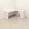 72 inches Denver L-Shape W/ Cabinet Executive Desk In Calcutta Blanc Engineered Stone Top and white matte laminate base and storage, with two pencil drawers and one file cabinet shown here.