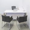 Dallas L-Shape Executive Desk With Cabinet and Laminate Top, left side retutn when sitting, in white gloss laminate top, storage and privacy panel, with chrome legs shown here.