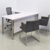 Dallas L-Shape Executive Desk With Cabinet and Laminate Top, left side retutn when sitting, in white gloss laminate top, storage and privacy panel, with chrome legs shown here.