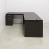 Denver L-Shape Executive Desk With Cabinet and Laminate Top, left return & cabinet side when sitting, in special laminate top, base and storage, and black matte laminate privacy panel shown here.