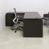 Denver L-Shape Executive Desk With Cabinet and Laminate Top, left return & cabinet side when sitting, in special laminate top, base and storage, and black matte laminate privacy panel shown here.
