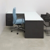 Denver L-Shape Executive Desk With Cabinet and Tempered Glass Top, left side return & cabinet when sitting, in white top, storm gray gloss laminate base & storage, and light gray gloss laminate privacy panel shown here.