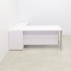 Dallas Executive Desk With Credenza and Laminate Top in white gloss laminate top, credenza and privacy panel, with chrome legs shown here.