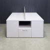 Dallas Custom Workstation with Storage in White Gloss Laminate Top & Storages, Fog Gray Laminate Divider & FrontDrawers, with Brushed Stainless Legs shown here.