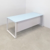 Aspen Straight Executive Desk With Tempered Glass Top in baby blue top, white gloss laminate privacy panel and white metal legs shown here.