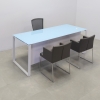 Aspen Straight Executive Desk With Tempered Glass Top in baby blue top, white gloss laminate privacy panel and white metal legs shown here.
