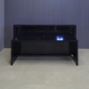 84-inch Vegas Reception Desk with Light Box in black gloss laminate counter. desk and toe-kick, black acrylic tambour front panel and white LED shown here.