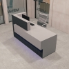 72-inch Atlanta Custom Reception Desk in black traceless tambour countertop & base, and fog gray matte laminate front accent & workspace, with white LED, shown here.